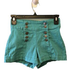 Vintage Y2K Blue High Waisted Shorts Hot Pants Button Up Turquoise Teal Retro 0